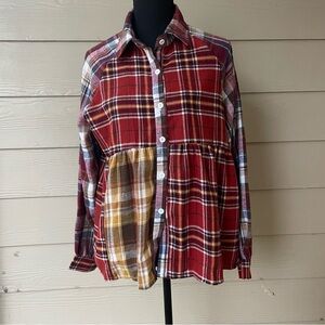 Women’s Holiday Plaid Button Front Long Sleeve Blouse, Size M